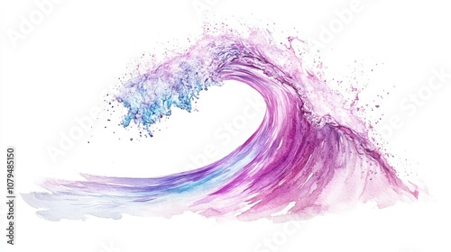 Colorful watercolor wave with dynamic splashes, white isolated background.