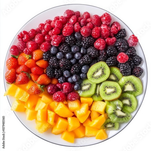 A platter of colorful fruit salad with assorted berries and kiwi, isolated white background, abstract art style