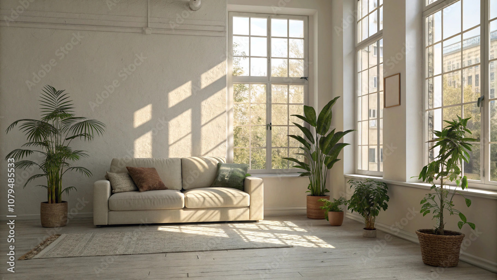 Fototapeta premium Minimalist living room with cozy sofa, indoor plants, and sunlight streaming in