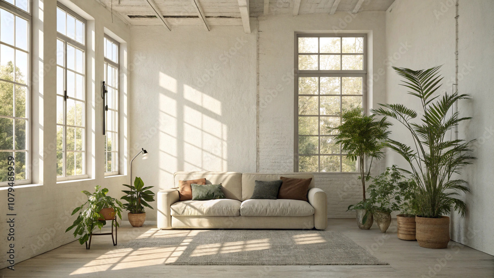 Minimalist living room with cozy sofa, indoor plants, and sunlight streaming in Minimalist living room with cozy sofa, indoor plants, and sunlight streaming in