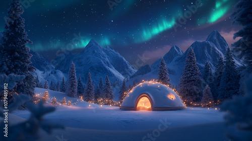 Aurora borealis. Northern lights in winter mountains. Wintry scene with glowing polar lights and snowy igloo. Christmas postcars photo