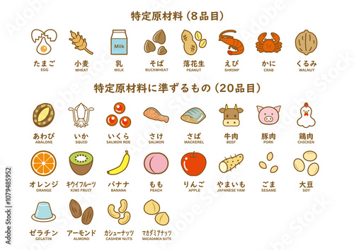 食物アレルギー　28品目アイコンセット　カラー透過png