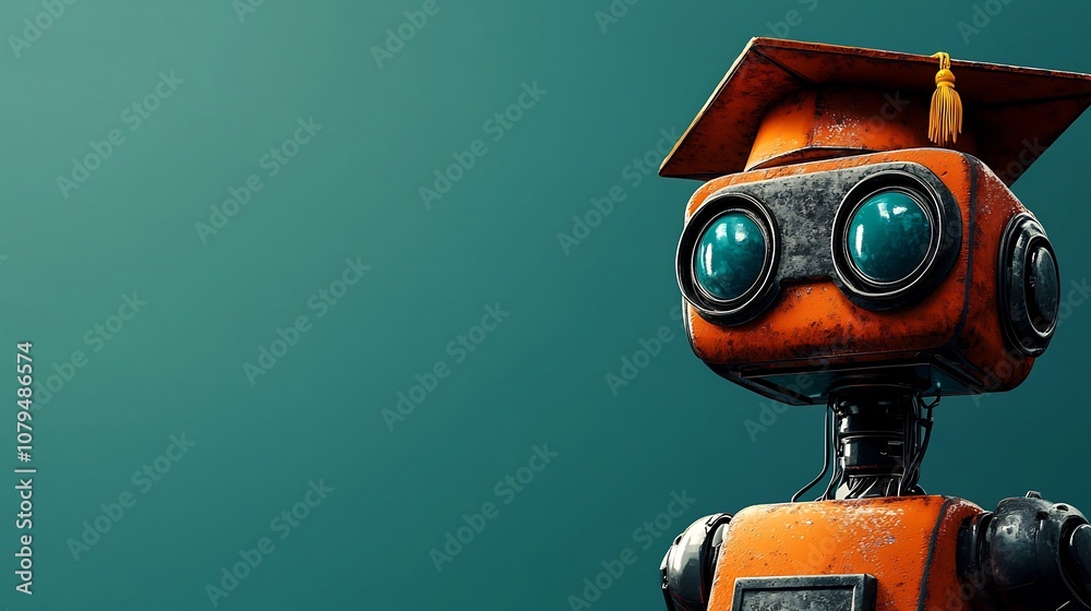 Robotic Student in Graduation Cap Stands Against Gentle Colored Background with Ample Space for Text Concept of Educational Achievement and Technological Progress Robotic Student in Graduation Cap Stands Against Gentle Colored Background with Ample Space for Text Concept of Educational Achievement and Technological Progress