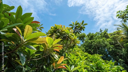 Dense foliage with varying leaf shapes and colors against a bright blue sky, trees, outdoors, canopy