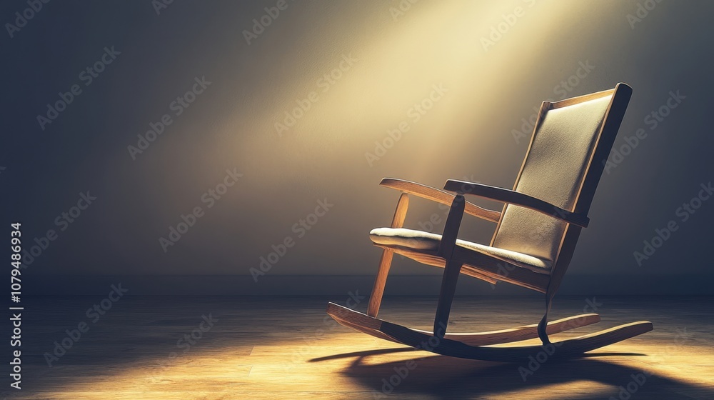 An empty rocking chair in a dimly lit room, symbolizing the quiet peace after life An empty rocking chair in a dimly lit room, symbolizing the quiet peace after life