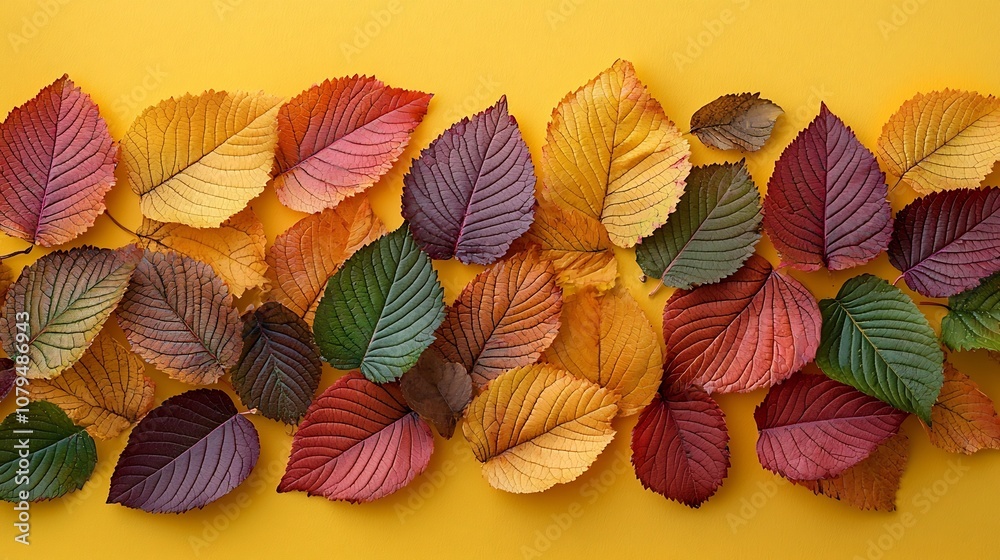 Vibrant and colorful autumn leaves in close up against a soft yellow background with ample text space creating a peaceful and inviting fall scene Vibrant and colorful autumn leaves in close up against a soft yellow background with ample text space creating a peaceful and inviting fall scene