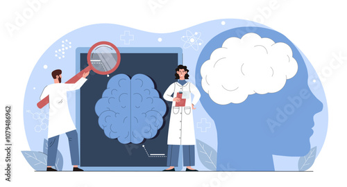 Doctors with brain xray. Man and woman in medical uniform near brain x ray. Team of neurologists. Healthcare and medicine. Diagnosis and treatment. Flat vector illustration