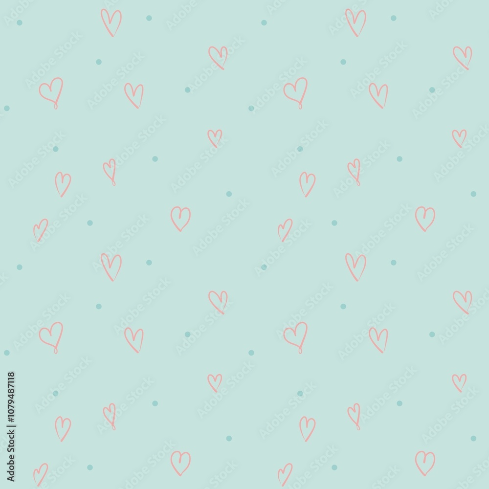 Love doodle seamless pattern. Romantic heart light green blue turquoise background. Love theme fun heart texture doodle art illustration. Love doodle seamless pattern. Romantic heart light green blue turquoise background. Love theme fun heart texture doodle art illustration.