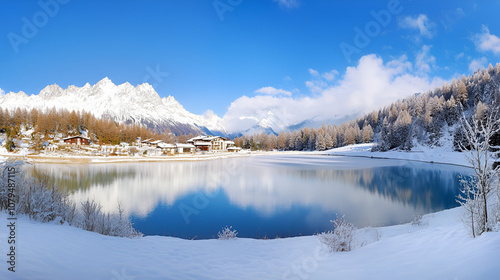 Picturesque panorama of Chesery lake (Lac De Cheserys) and snowy Monte Bianco mountains range on background, Chamonix, France Alps