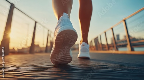 Closeup of woman's feet walking on a bridge with a city skyline in the background.