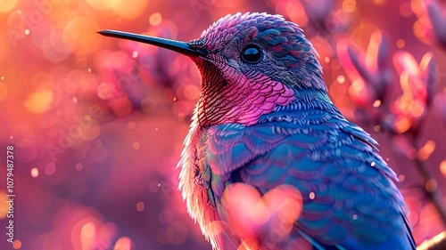 A hummingbird rests on a flowering branch as the sun sets, showcasing its brilliant plumage against a backdrop of warm, glowing colors in the sky