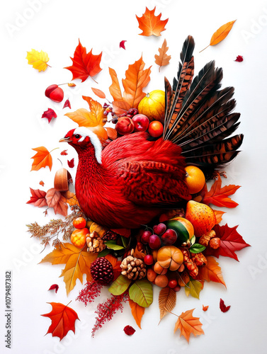 A vibrant arrangement featuring a red turkey surrounded by autumn leaves, fruits, and seasonal decorations, embodying the spirit of fall festivities. photo