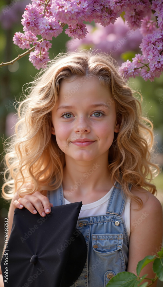 Young girl holding a graduation cap, smiling under blooming flowers in a bright outdoor setting Young girl holding a graduation cap, smiling under blooming flowers in a bright outdoor setting