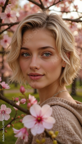 Young woman with short hair smiling among blooming cherry blossoms in a picturesque outdoor setting