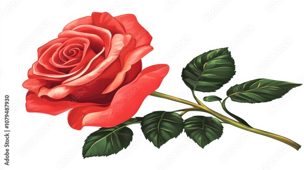 Beautiful red rose in full bloom with realistic petal texture, ideal for greeting cards. Beautiful red rose in full bloom with realistic petal texture, ideal for greeting cards.
