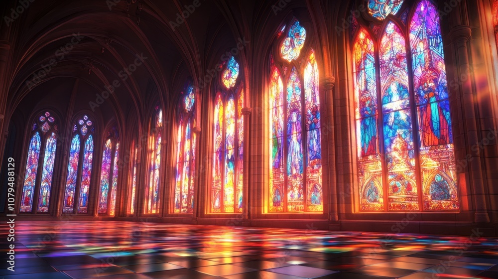 Beautiful stained glass window with intricate patterns, colorful light, realistic, and ample room for copy Beautiful stained glass window with intricate patterns, colorful light, realistic, and ample room for copy
