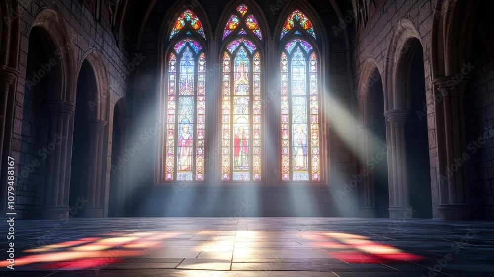 Beautiful stained glass window with intricate patterns, colorful light, realistic, and ample room for copy Beautiful stained glass window with intricate patterns, colorful light, realistic, and ample room for copy