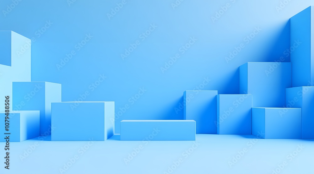A minimalist blue geometric scene featuring various block shapes and sizes. A minimalist blue geometric scene featuring various block shapes and sizes.