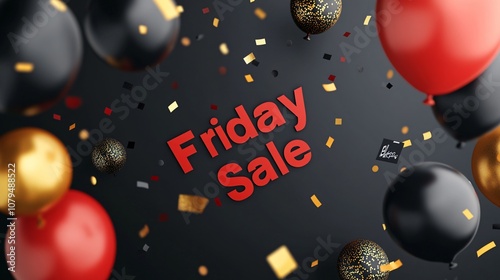 Festive Black Friday Sale Banner with Red Text, Balloons, and Confetti