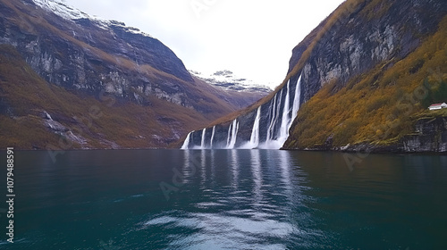 Breathtaking view of Sunnylvsfjorden fjord and famous Seven Sisters waterfalls, near Geiranger village in western Norway. photo