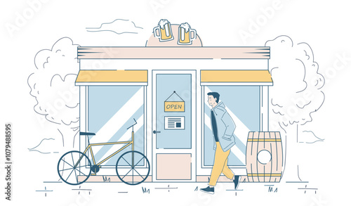 Brewery street shop. Man go to store near barrel with alcoholic drink. Retail place and occupation. Alcohol and beverage. Urban infrastructure. Linear vector illustration isolated on white background