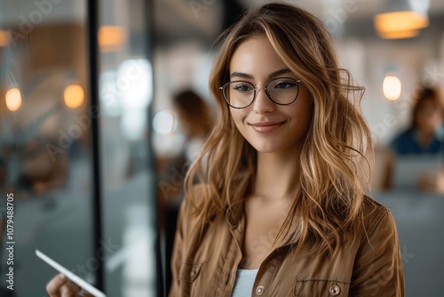 Young smiling businesswoman using tablet in modern office with team working in background near window