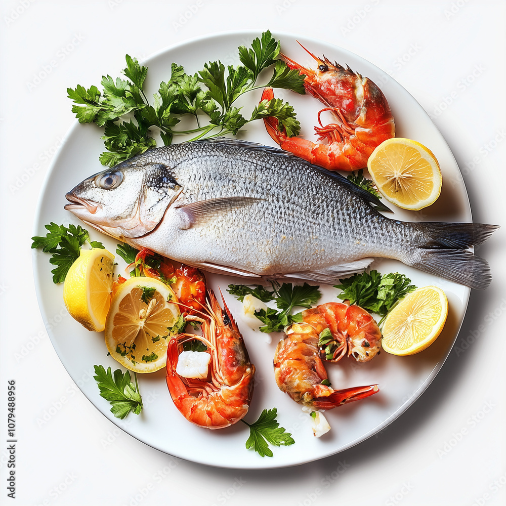 Plate of Fresh Seafood Delicacies with Whole Fish, Shrimps, and Lemon Wedges, Top View Plate of Fresh Seafood Delicacies with Whole Fish, Shrimps, and Lemon Wedges, Top View