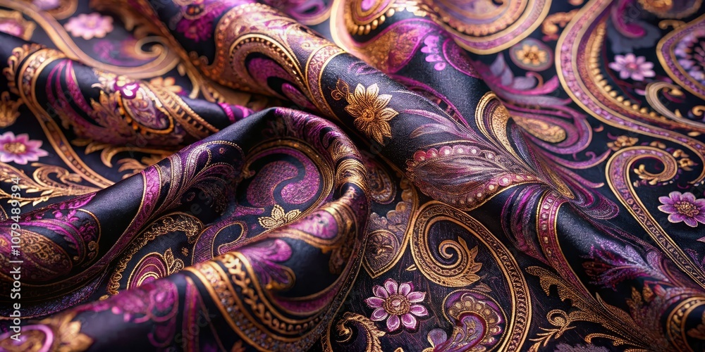Purple and Gold Paisley Fabric, Close-up, Texture, Pattern, Paisley, Fabric, Textile Purple and Gold Paisley Fabric, Close-up, Texture, Pattern, Paisley, Fabric, Textile
