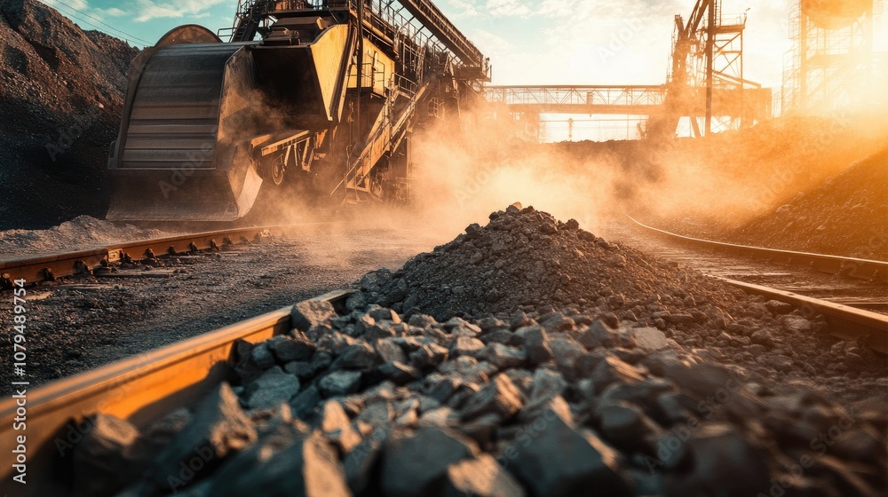 Fototapeta premium A large piece of mining equipment moves across a track, kicking up dust. The machine is blurred in the distance.