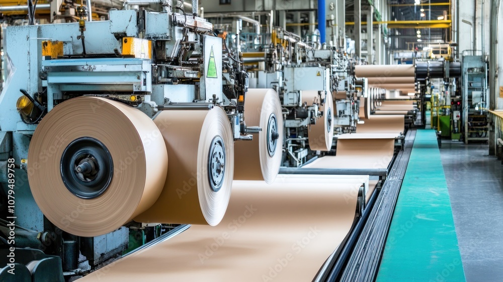 A paper manufacturing facility with large rolls of paper being processed.