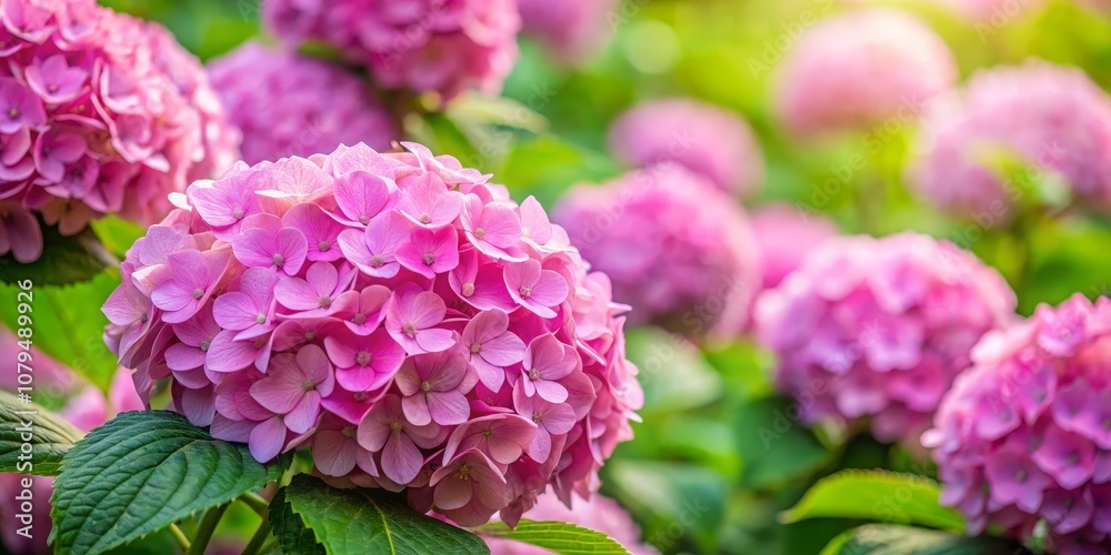 Close-up Pink Hydrangea with Green Leaves and Blurred Background, Flowers, Nature ,hydrangea Close-up Pink Hydrangea with Green Leaves and Blurred Background, Flowers, Nature ,hydrangea