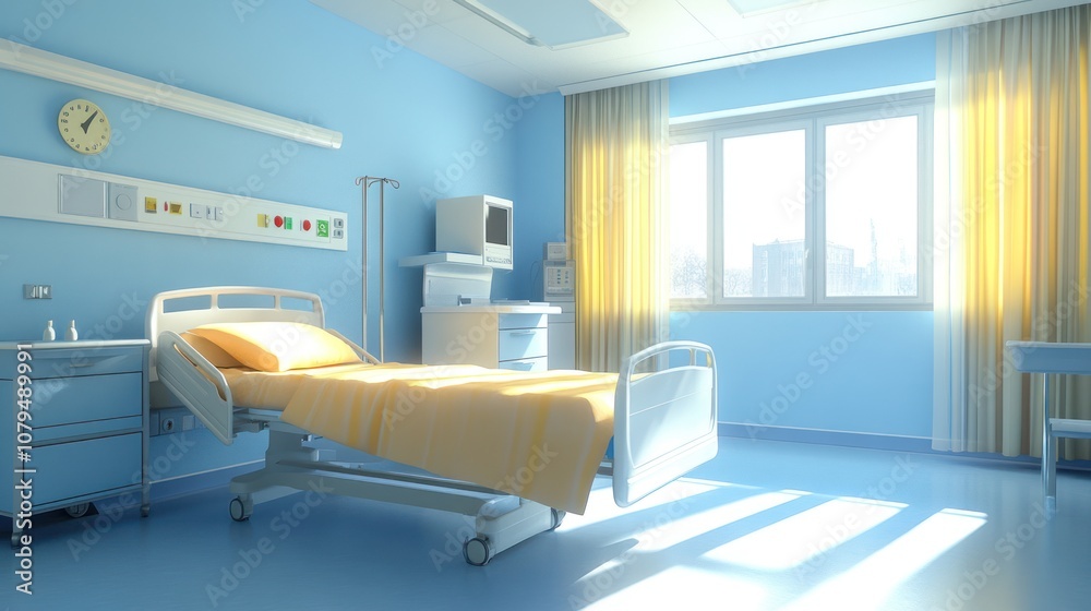 A bright and clean hospital room with a bed and medical equipment. A bright and clean hospital room with a bed and medical equipment.