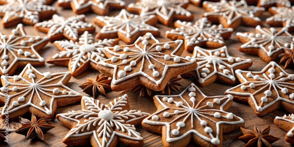 Close-up of Star-Shaped Gingerbread Cookies with White Icing, Christmas Baking, Holiday Treats , Gingerbread, Cookies Close-up of Star-Shaped Gingerbread Cookies with White Icing, Christmas Baking, Holiday Treats , Gingerbread, Cookies