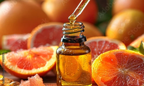 Dripping grapefruit essential oil from pipette into bottle and fresh fruit on table, closeup.