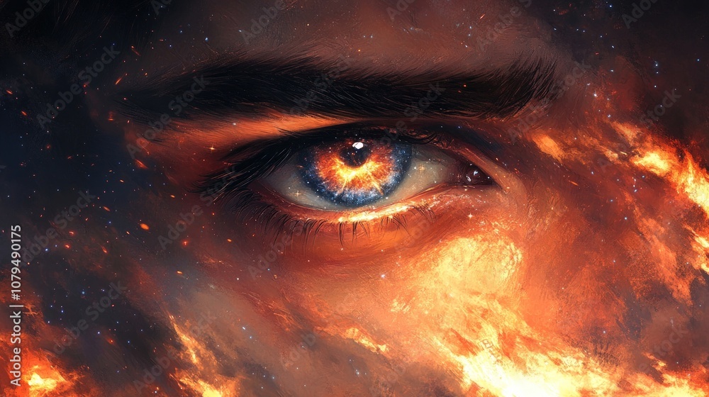 A close-up of a blue eye with fire and stars surrounding it. A close-up of a blue eye with fire and stars surrounding it.