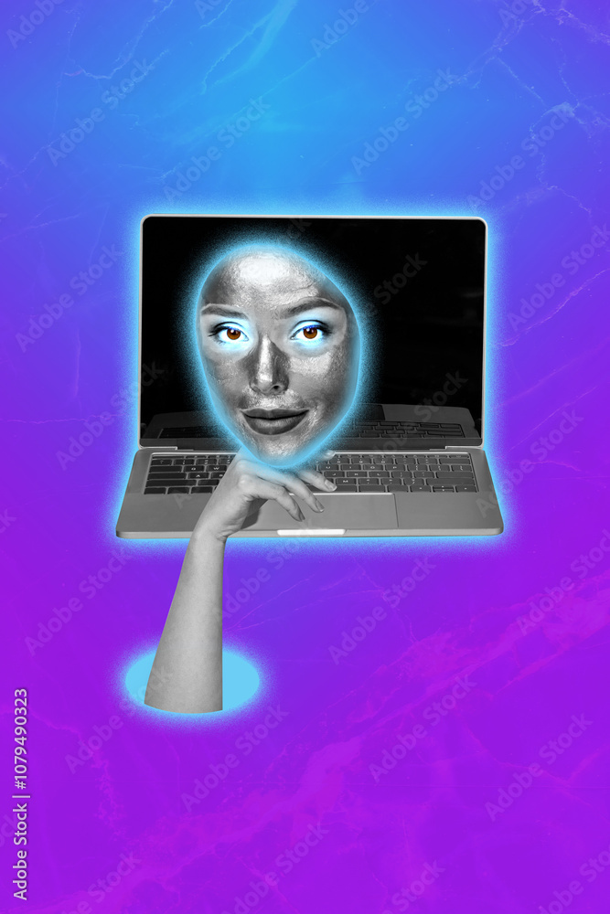 Composite trend artwork 3D sketch image photo collage of cyberspace ai bot virtual projection young lady face hand gesture display laptop Composite trend artwork 3D sketch image photo collage of cyberspace ai bot virtual projection young lady face hand gesture display laptop