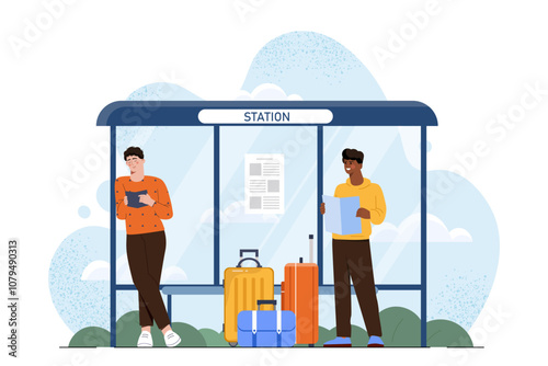 People at bus stop. Two men stand at bus stop with luggage. Passengers waiting for city transport. Urban infrastructure. Travel and tourism, trip. Flat vector illustration