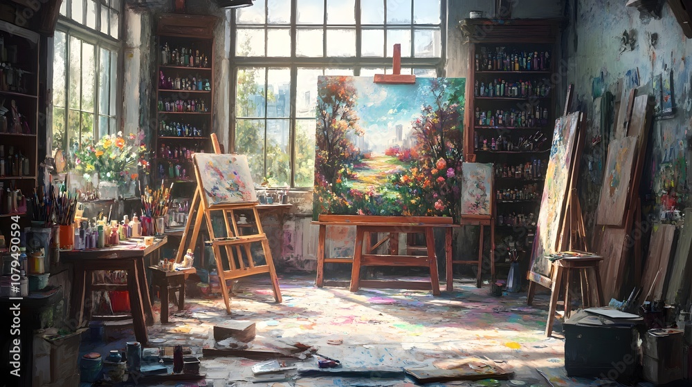Naklejka premium A dynamic painting station filled with easels, brushes, paints, and sketchbooks, where an artist is creating a vibrant landscape, with splashes of color in every direction.A dynamic painting station f