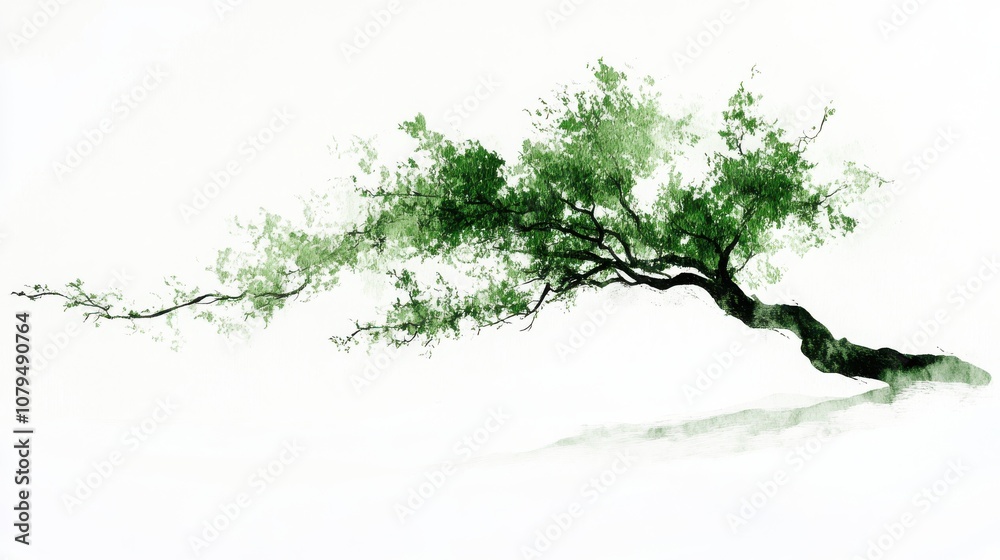 Obraz premium Lonely green tree with a unique shape, white isolated background.