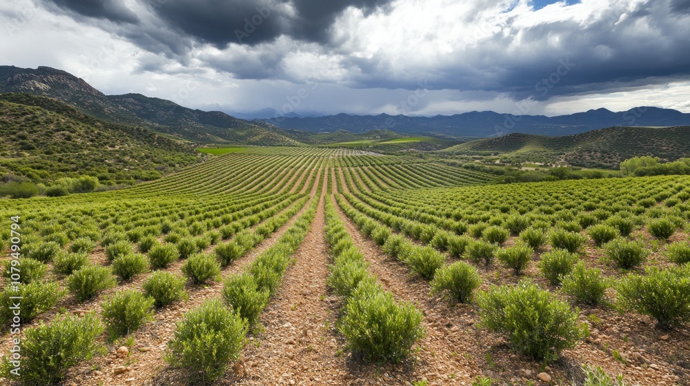 Naklejka premium A scenic view of lush green lavender fields under a dramatic sky.