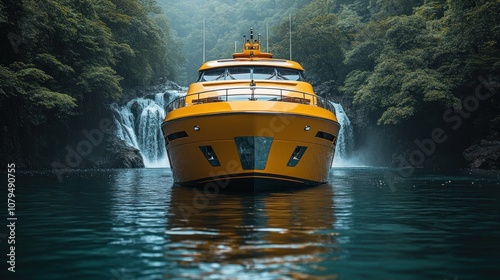 A vibrant yellow yacht near a serene waterfall in lush surroundings.