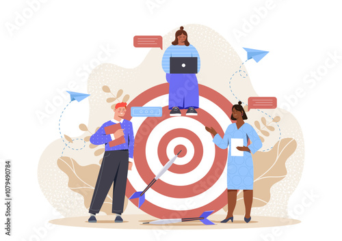 Business discussion concept. Man and women stand near bullseye with dart. Setting goals and deadlines. Motivation and leadership, success. Flat vector illustration isolated on white background