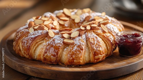 A freshly baked almond pastry, adorned with slivered almonds and dusted with powdered sugar, is accompanied by a small bowl of fruit jam.