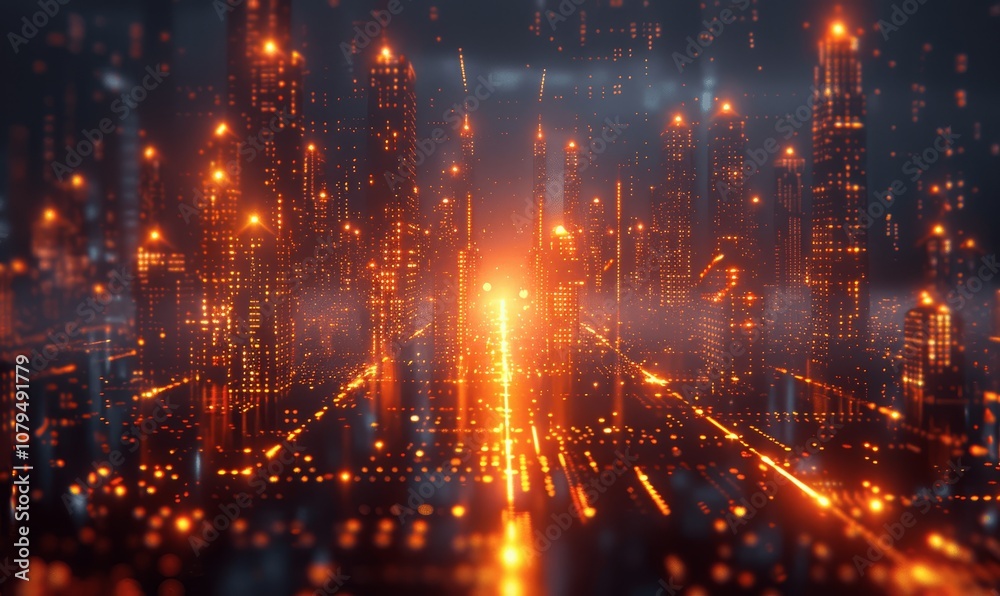Futuristic Cityscape with Glowing Digital Data Transmission in Blue and Orange Futuristic Cityscape with Glowing Digital Data Transmission in Blue and Orange