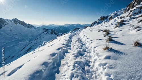 Winter Mountain Trail with Pristine Snow - Generative AI.