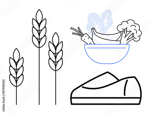 Wheat stalks, bowl with vegetables carrots, greens, and loaf of bread symbolizing organic foods and healthy eating. Ideal for nutritional guides, farm marketing, eco-friendly campaigns, wellness