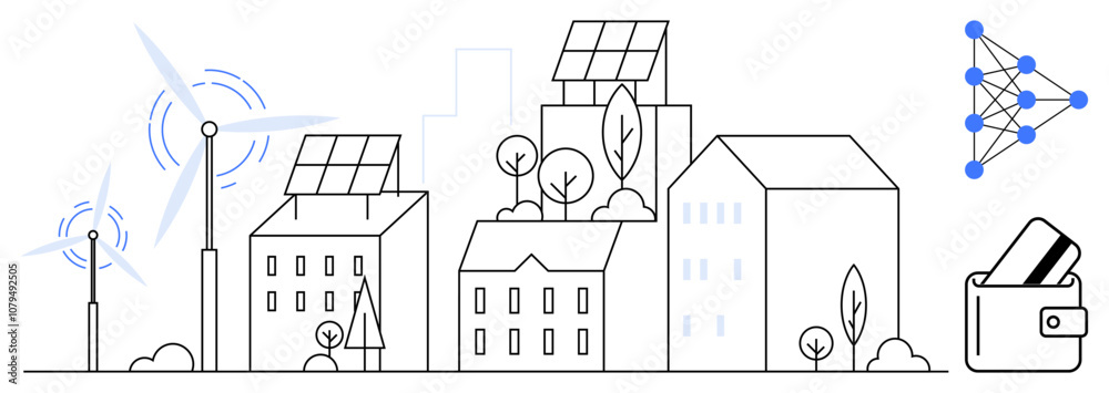 Fototapeta Wind turbines, solar panels on buildings, trees, neural network diagram, digital wallet. Ideal for smart cities, renewable energy, AI integration, sustainable living urban planning financial