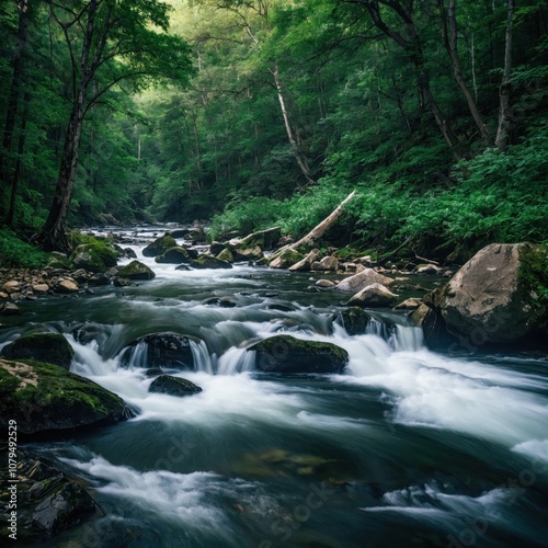 Serene Waterfall in a Green Forest Setting