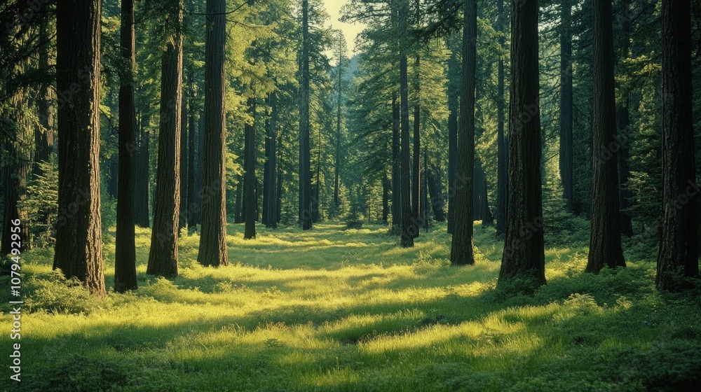Fototapeta premium Majestic Redwoods in Tranquil Forest, towering ancient trees create a serene atmosphere, showcasing the grandeur and calm of nature's timeless beauty.