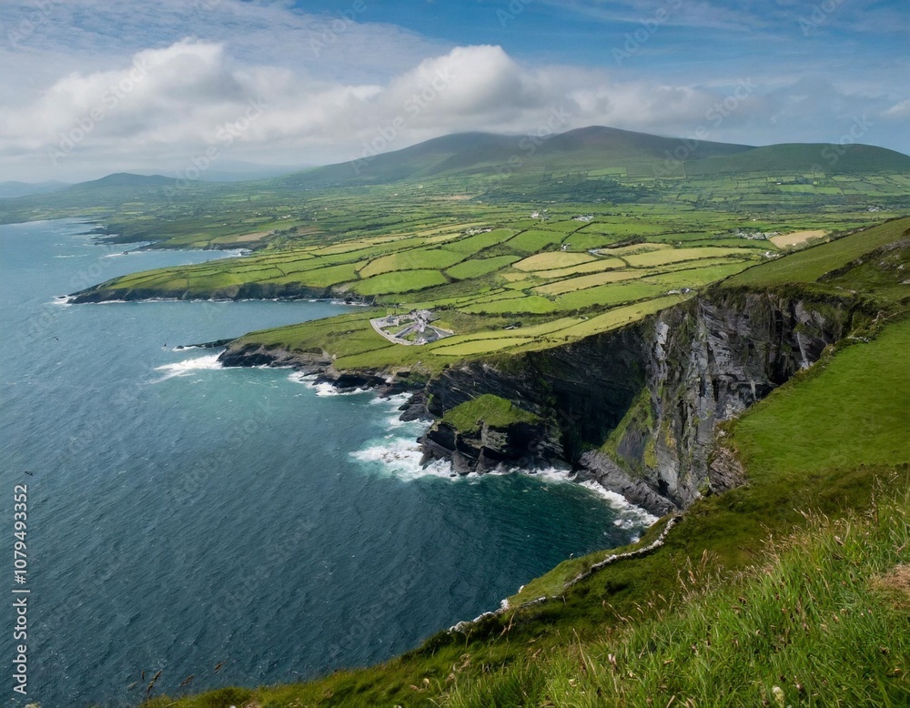The Stunning Coastal Cliffs of Ireland’s Ring of Kerry, Overlooking the Atlantic Ocean, With Rugged Shorelines, Rolling Green Hills, and Charming Coastal Villages The Stunning Coastal Cliffs of Ireland’s Ring of Kerry, Overlooking the Atlantic Ocean, With Rugged Shorelines, Rolling Green Hills, and Charming Coastal Villages